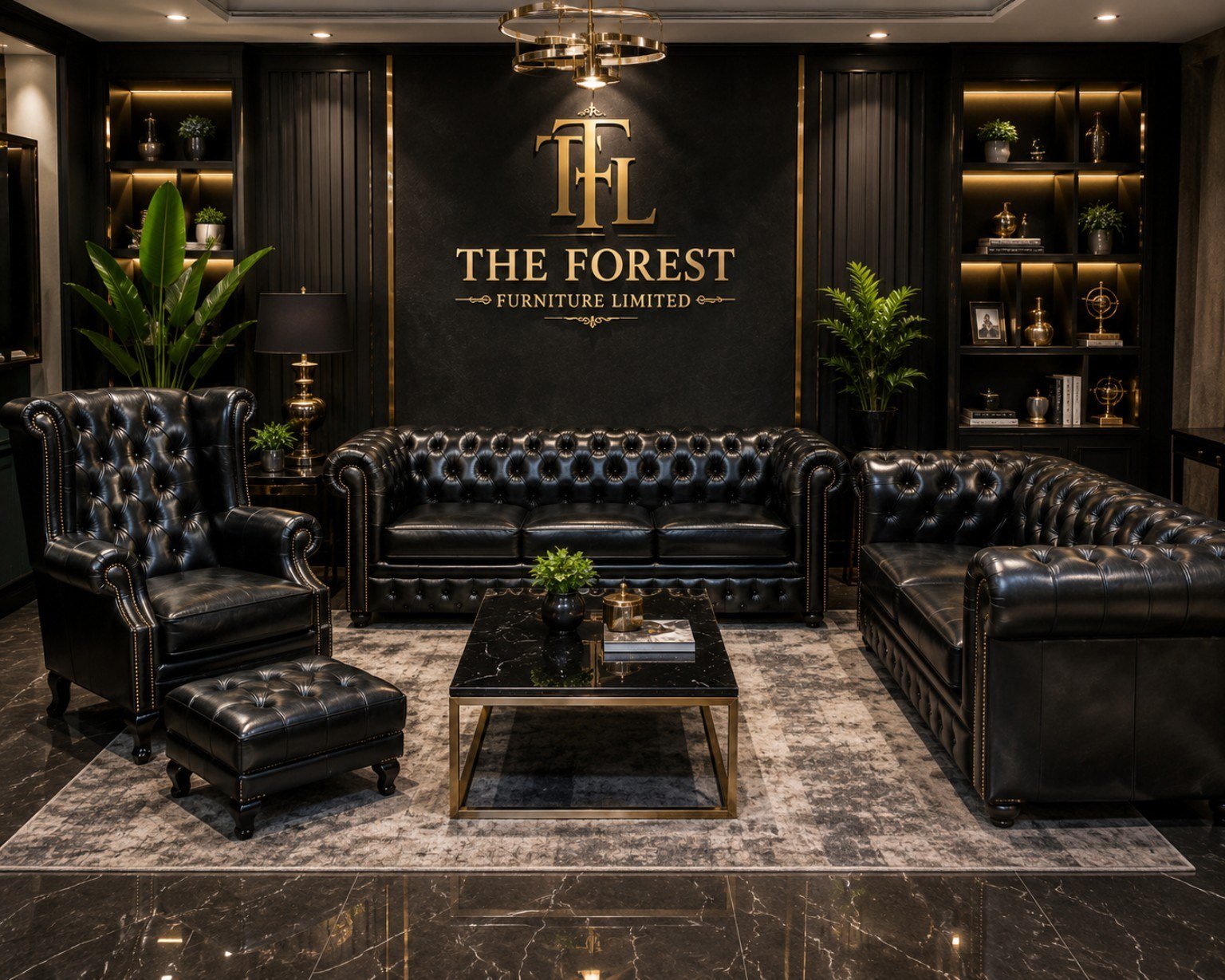Royal British Chesterfield black executive sofa set in luxury showroom setting