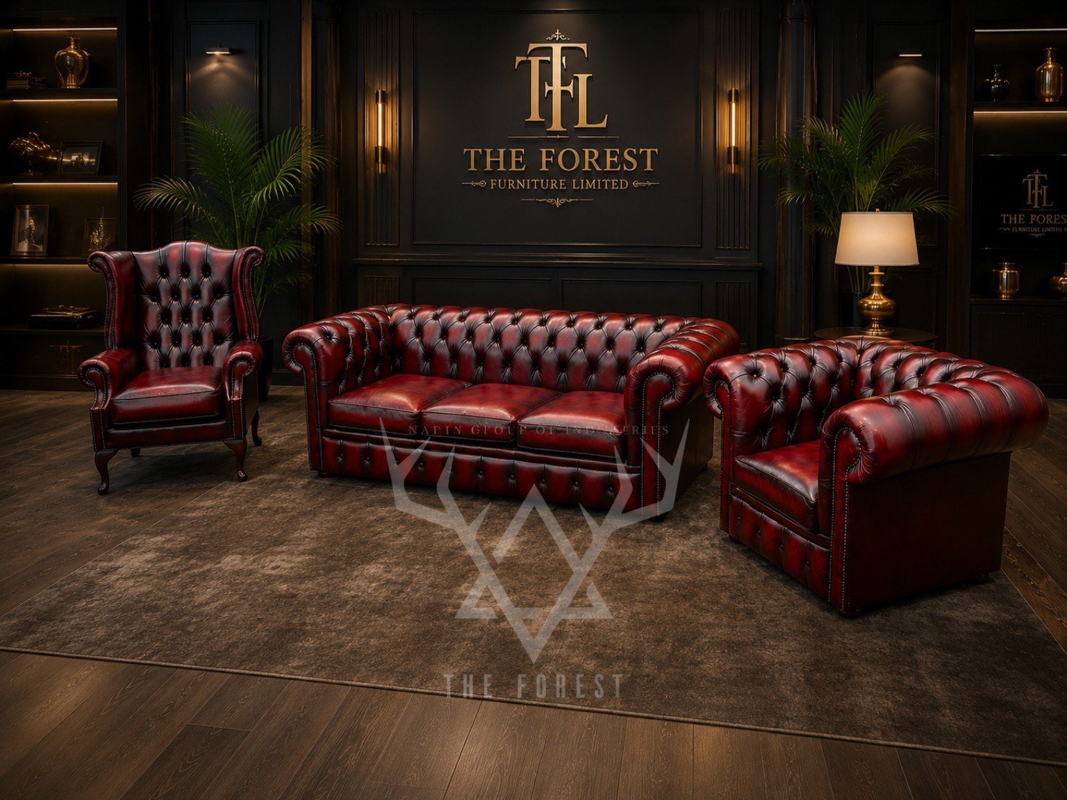 Royal British Chesterfield burgundy red sofa set lifestyle view